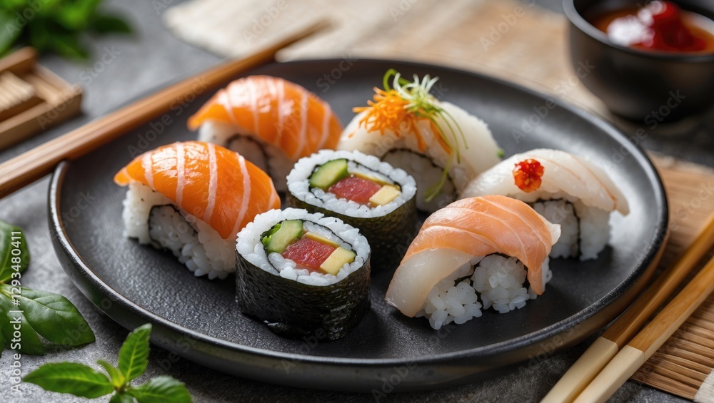 Poster delicious assortment of sushi rolls on plate with empty space for text in elegant culinary presentat