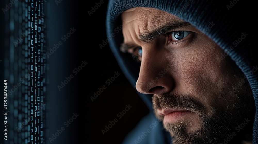 Poster intense close-up of a focused man in a hoodie gazing at digital screen filled with binary code, capt