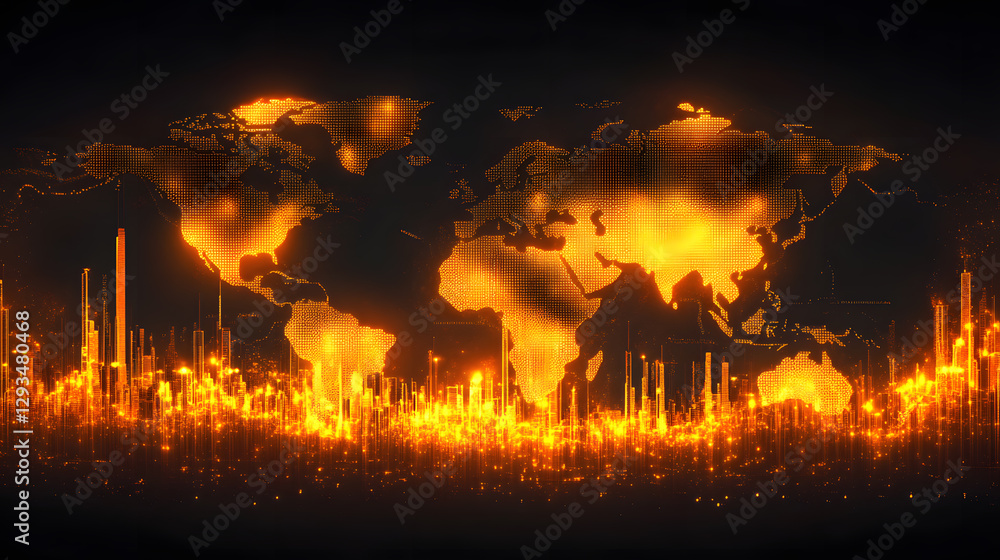 Poster futuristic economic visualization with glowing data points global context digital graphic urban envi