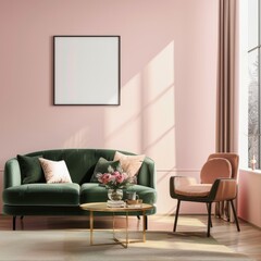 A modern living room with a pink wall. a green sofa. a peach armchair. a gold coffee table and a large window