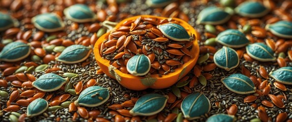 Fototapeta premium Pumpkin seed surrounded by an assortment of flax and chia seeds in close-up macro photography. Ideal for healthy food content.
