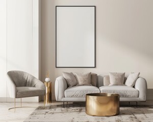 Modern living room interior with a beige sofa. armchair. golden coffee table. and a black framed poster mockup