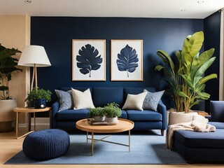 Modern Navy Blue Living Room with Elegant Decor and Greenery