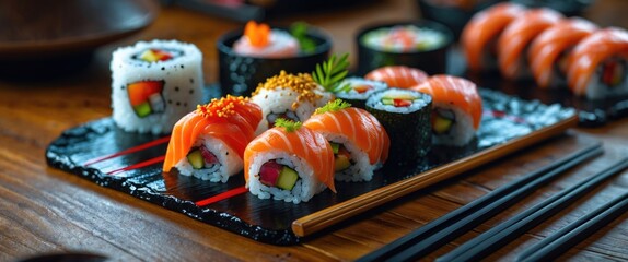 Vibrant Sushi Platter with Assorted Rolls and Soy Sauce on Rustic Wooden Table Top for Culinary and Restaurant Concepts
