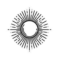 Stylized sun icon, radiant design, nature symbol, black color