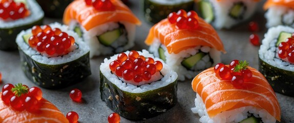 Sushi Rolls with Salmon and Red Caviar on a Serving Plate with Space for Text Highlights Culinary Art and Gourmet Cuisine