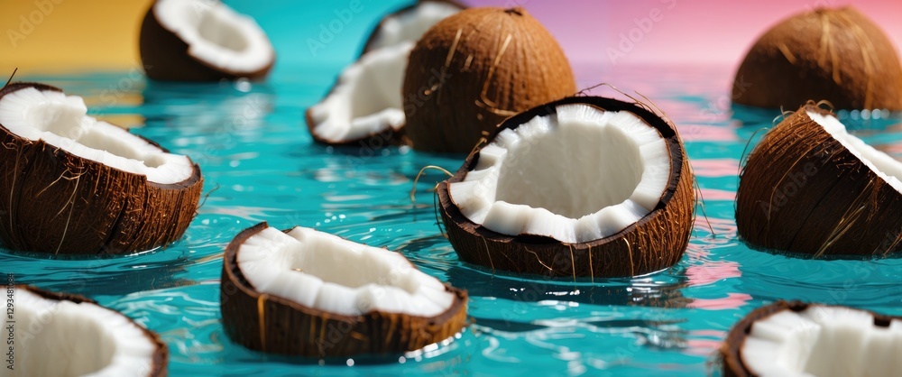 Poster floating coconut halves in vibrant water with soft ripples creating a tropical and refreshing visual