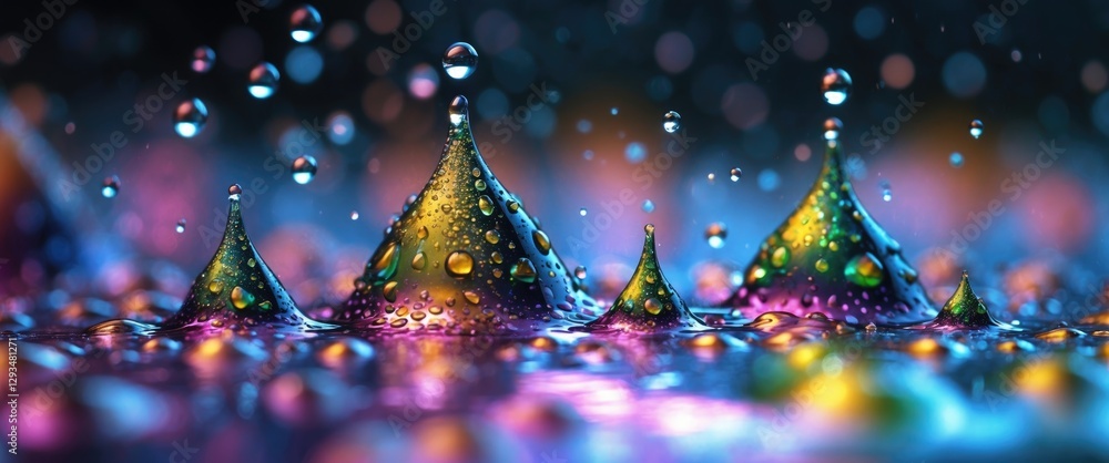 Poster colorful water droplets creating an abstract pattern on a vibrant surface with blurred lights in the