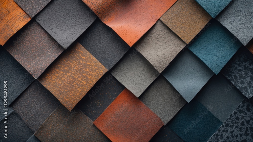 Poster abstract textured patterns of colorful tiles showcasing a blend of rust, blue, and gray shades for c