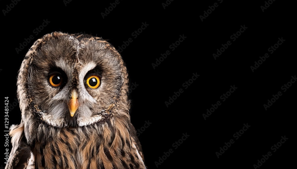 Poster isolated closeup of a charming wild owl, gazing intently against a dark backdrop with ample space fo