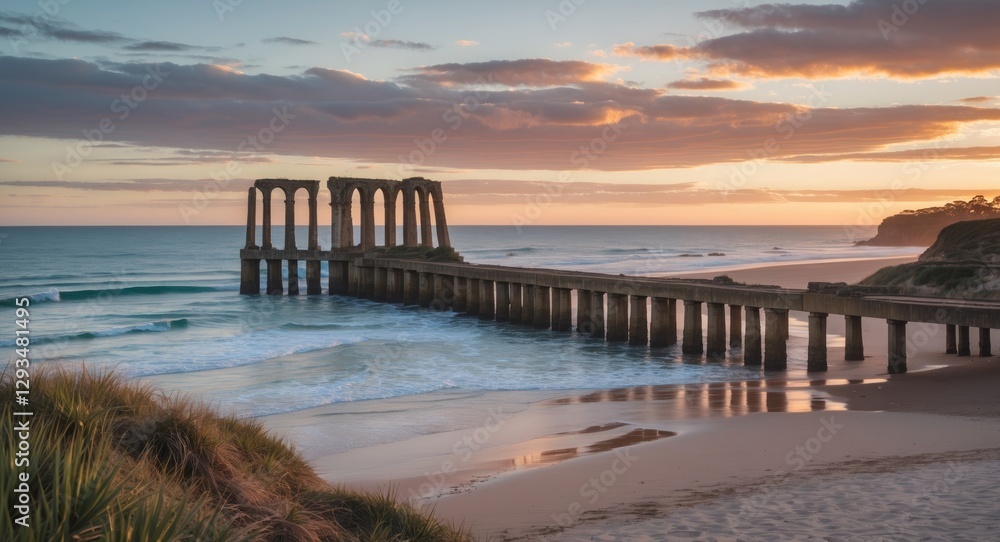 Aufkleber serene port willunga beach at sunset featuring jetty ruins with tranquil ocean waves and empty space