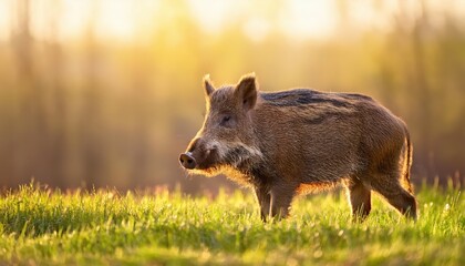 Enchanting Wild Boar Amidst Spring Blossoms Grazing Peacefully as the Sun Sets over the Meadow, Capturing a Serene and Idyllic Scene in Earthy Tones.