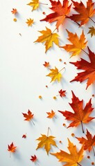 Golden hues of autumn leaves scattered on a snowy white background, golden, oak, leaf