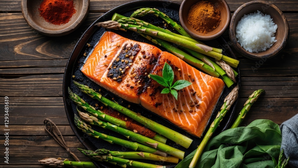 Poster grilled salmon fillet with asparagus and spices on rustic wooden table top view for culinary and foo