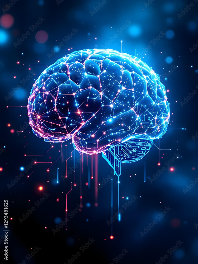 Poster National Ai Day, A glowing blue brain with circuit patterns on a dark background with abstract lights, symbolizing artificial intelligence and neural networks