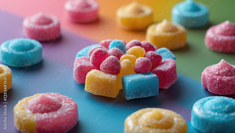 Poster colorful assorted candies arranged creatively on a vibrant background with negative space for text o
