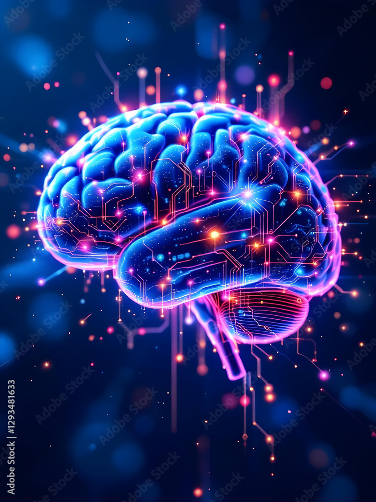Poster National Ai Day, A glowing blue brain with circuit patterns on a dark background with abstract lights, symbolizing artificial intelligence and neural networks