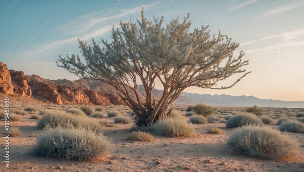 Aufkleber tamarisk tree in desert landscape with open space for text and background of mountains and brush und