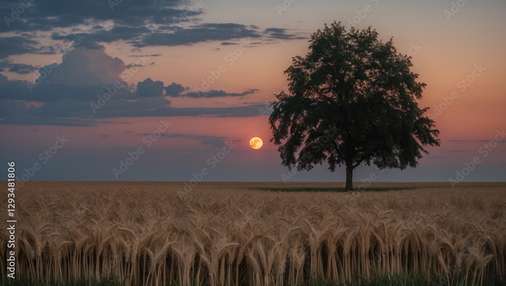 Poster serene sunset over wheat field with lone tree and moonlit clouds enhancing the tranquil landscape at