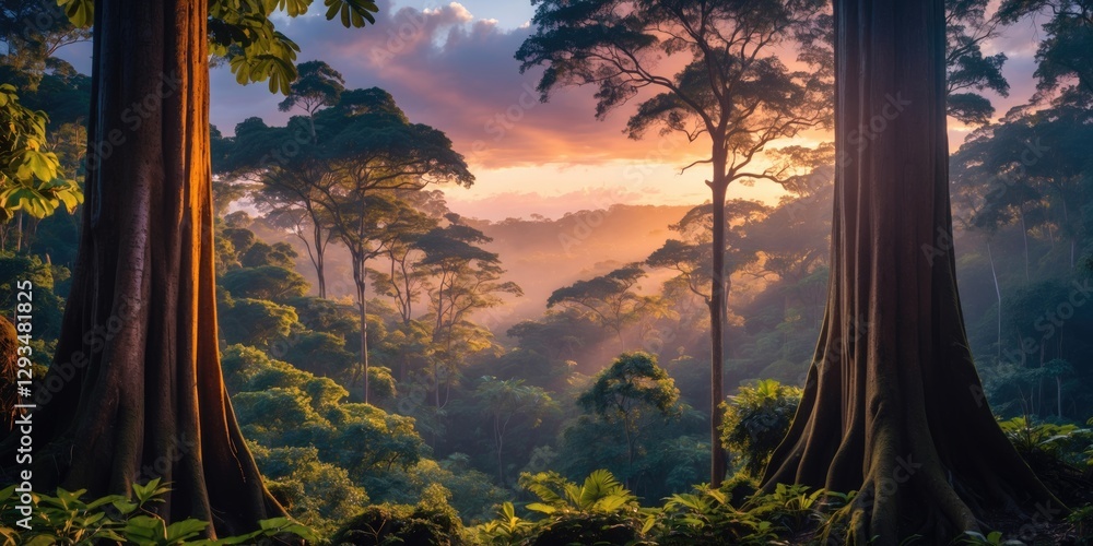 Poster sunset over rainforest canopy highlighting majestic trees with empty space for text ideal for nature