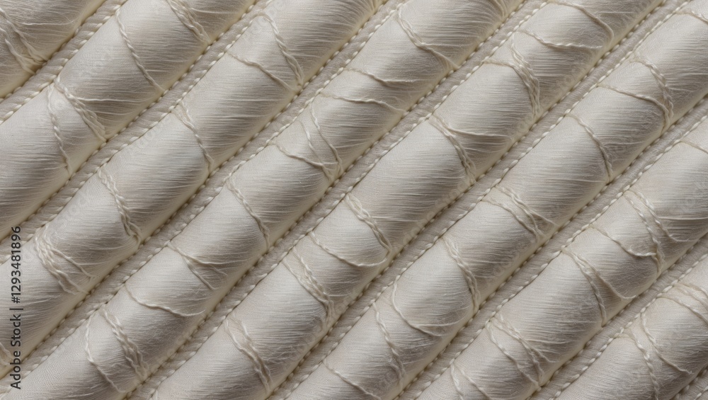 Poster textured quilted fabric close-up showcasing intricate threadwork and soft white fibers for textile d