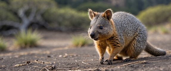 Fototapeta premium Quokka Exploring Coastal Landscape on an Australian Island Surrounded by Nature and Vegetation in a Bright Natural Environment