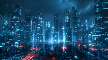 Futuristic cyberfinance cityscape urban center digital art neon environment aerial perspective technology concept