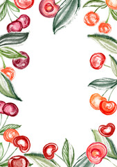 Watercolor cherry background with fruit. Hand painted template with summer food isolated on white background. Holiday frame for invitations, greeting cards.