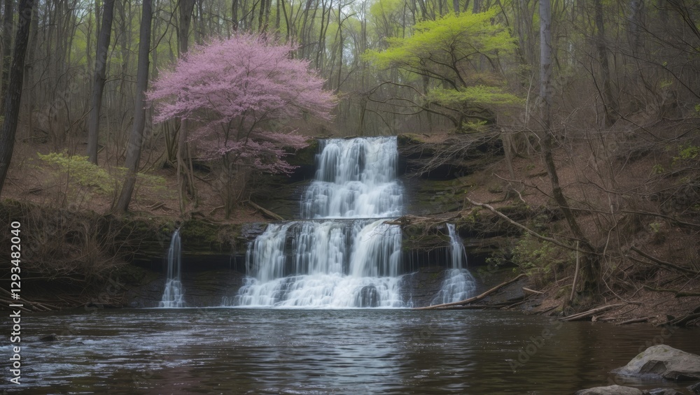 Poster serene waterfall cascading through lush forest with spring blooms and tranquil reflections perfect f