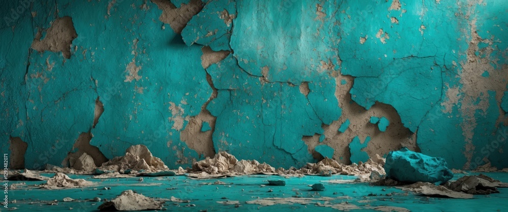 Aufkleber teal grunge texture with peeling paint and debris on floor creating an aged, weathered background fo