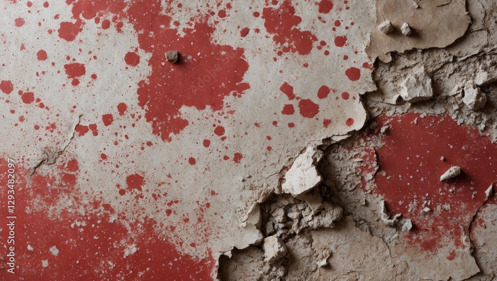 Poster textured wall with red splatters and peeling plaster creating an abstract artistic background ideal 