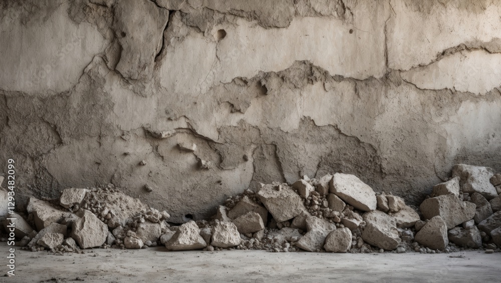 Poster cracked cement wall texture with rubble in an empty space showcasing rustic and weathered architectu