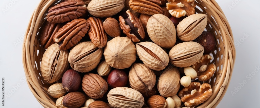 Poster basket filled with various nuts in shells including pecans, almonds, hazelnuts, peanuts and walnuts 