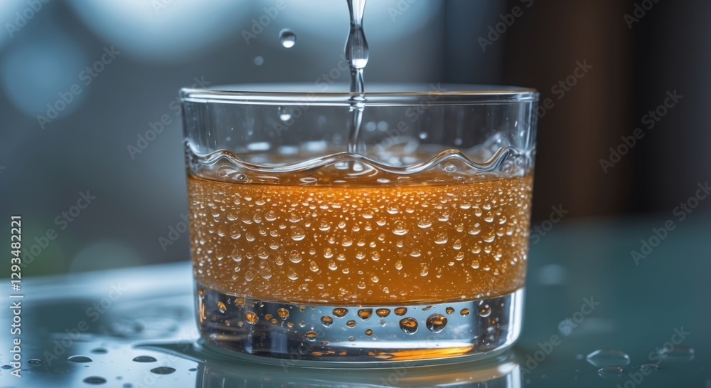 Poster refreshing sparkling drink in a glass with water droplets creating a visually captivating texture an