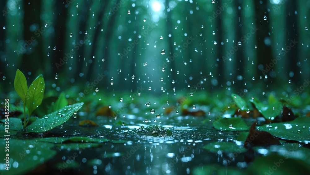 Poster rain drops falling on leaves in a serene forest landscape creating a tranquil and refreshing atmosph