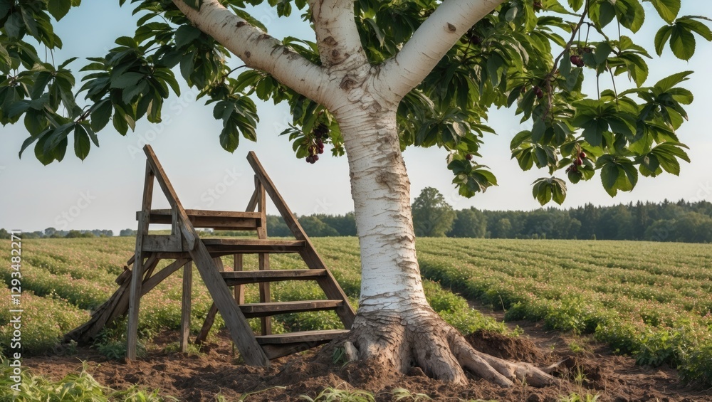 Poster sweet cherry tree with whitewashed trunk and wooden stairs for harvesting in a sunny field with empt