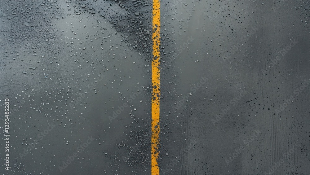 Poster wet concrete texture with rain droplets reflecting a yellow line on gray surface from a top view per