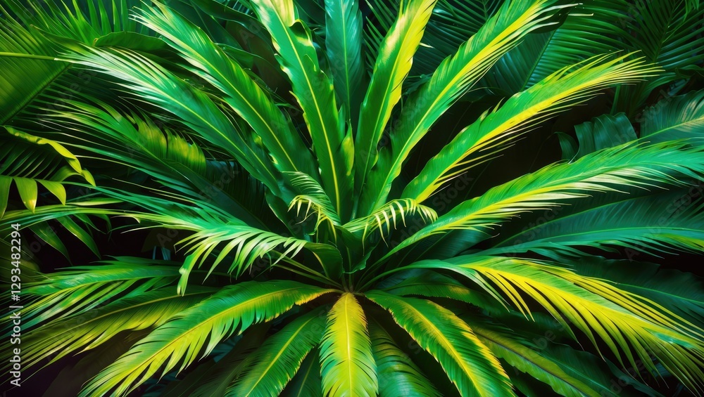 Poster vibrant green palm leaves displaying rich textures and natural patterns ideal for tropical or botani