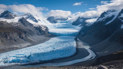 Majestic Glacier and Valley Landscape Under Blue Skies with Snow-Capped Mountains in the Background