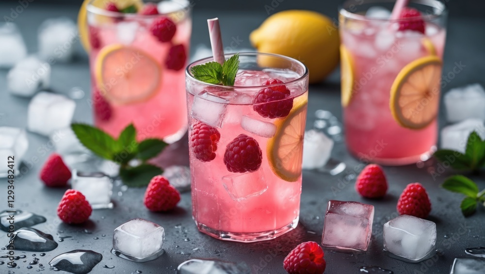 Poster refreshing raspberry lemonade with ice garnished with fresh raspberries and lemon slices on a dark b