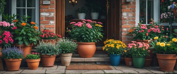 Colorful Potted Flowers and Plants Arranged on Charming Doorstep Entrance