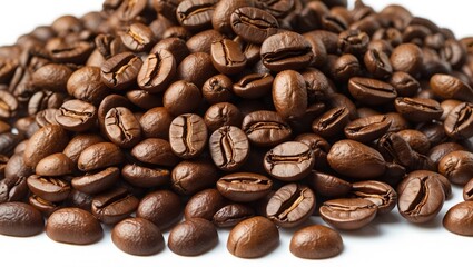 Fototapeta premium Roasted coffee beans in rich brown tones arranged on a white background showcasing their texture and natural sheen.