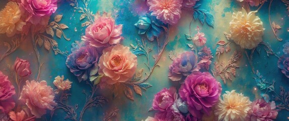 Floral wallpaper texture featuring vibrant roses and peonies against a dreamy background for elegant home decor settings.