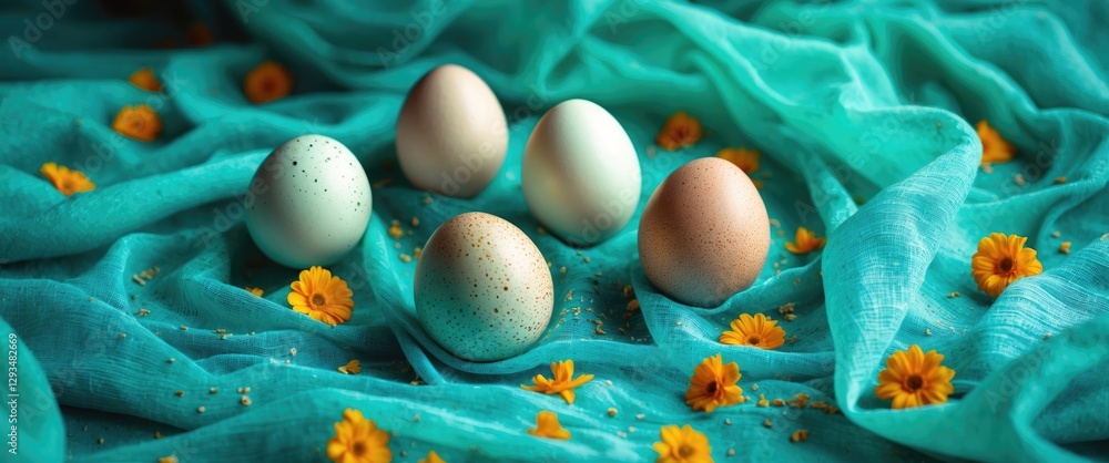 Poster quail eggs displayed on vibrant turquoise fabric surrounded by delicate yellow flowers creating a se