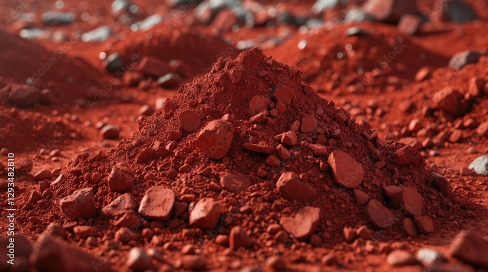 Poster red dirt soil texture close-up featuring a mound of reddish earth with rocks, ideal for backgrounds 