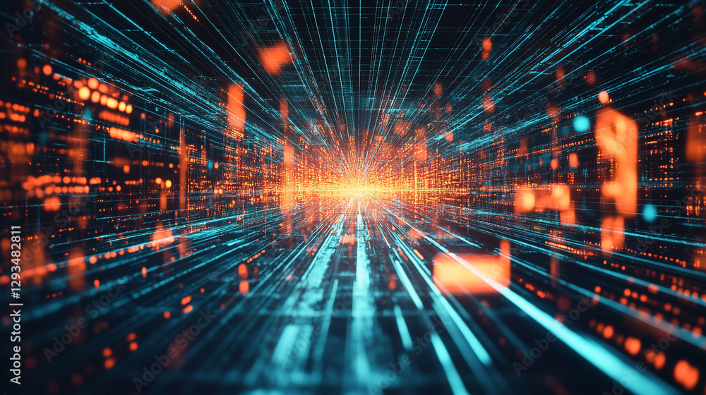 Aufkleber abstract digital data stream futuristic technology background orange blue code flow cyber lines ligh
