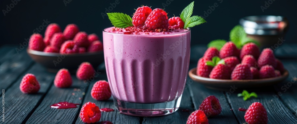 Poster raspberry smoothie in a glass with raspberries and mint on a wooden table with dark background showc