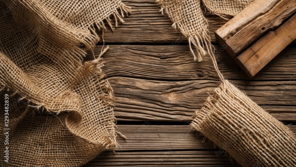 Aufkleber burlap fabric and weathered wooden planks texture in a rustic setting creating a cozy, vintage atmos