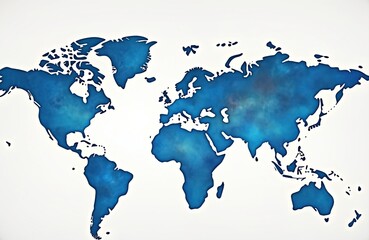 Colorful watercolor world map on canvas background. Digital painting of earth, continents in shades of blue. Perfect for travel, geography, education concepts, international business global