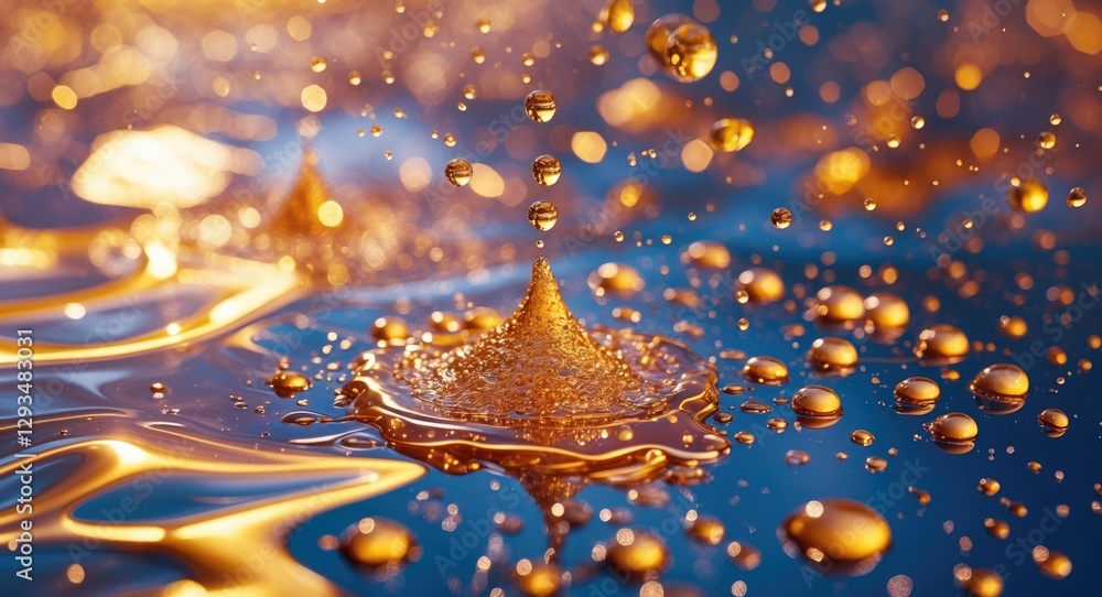 Poster golden water droplets creating dynamic patterns on a reflective surface with a mesmerizing bokeh bac